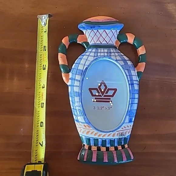 Vintage 90s Ceramic Picture Frame Colorful Double Handled Vase Jar Hand Painted - Picture 3 of 13